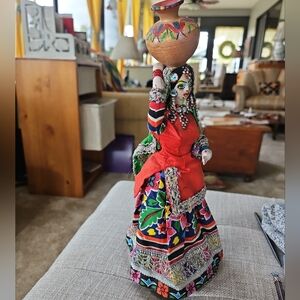 Vtg 60s Rajasthani India Woman  Fetchimg Water Wood Base Highly Decorated